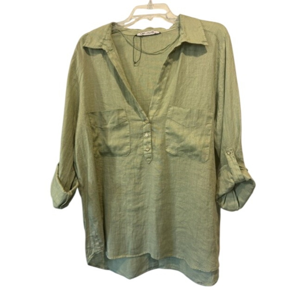 Zara Womens XXL 100% Linen Tunic Top Sage Green Roll Tab Sleeve Popover NWOT